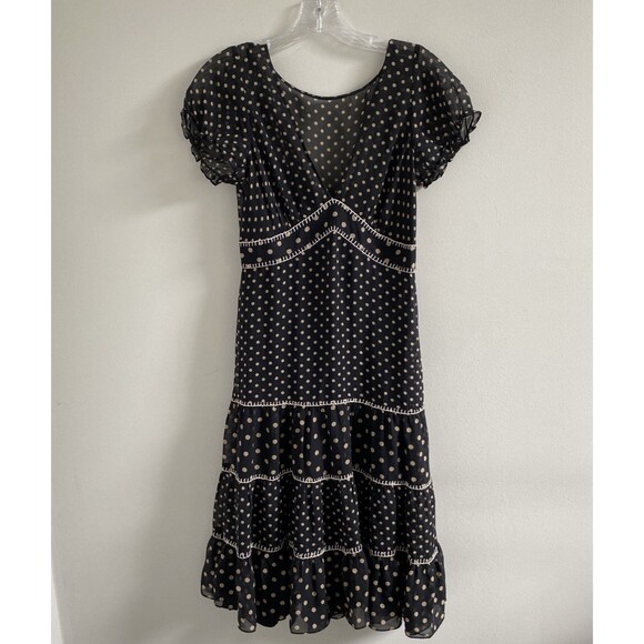 BCBG maxazria 100% Silk Size 6 Short Sleeve Black W/ Brown Polka Dots Dress - Picture 7 of 7